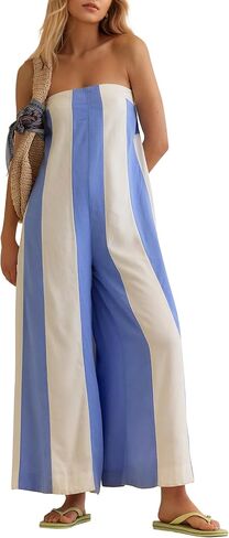 OLAPTA Women Striped Wide Leg Jumpsuits 2025 Summer Casual Strapless Long Rompers Loose Trendy One Piece Outfits with Pockets in Kuwait