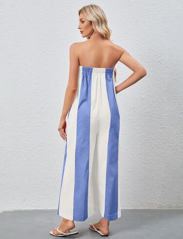 OLAPTA Women Striped Wide Leg Jumpsuits 2025 Summer Casual Strapless Long Rompers Loose Trendy One Piece Outfits with Pockets in Kuwait