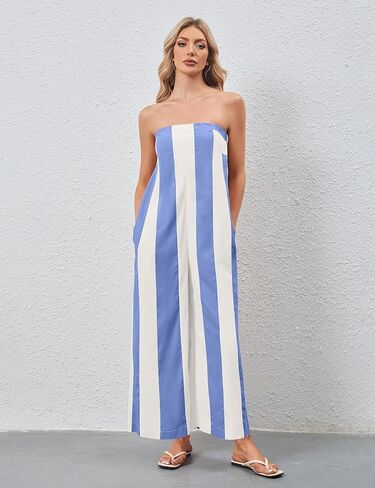 OLAPTA Women Striped Wide Leg Jumpsuits 2025 Summer Casual Strapless Long Rompers Loose Trendy One Piece Outfits with Pockets in Kuwait