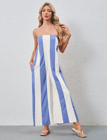 OLAPTA Women Striped Wide Leg Jumpsuits 2025 Summer Casual Strapless Long Rompers Loose Trendy One Piece Outfits with Pockets in Kuwait