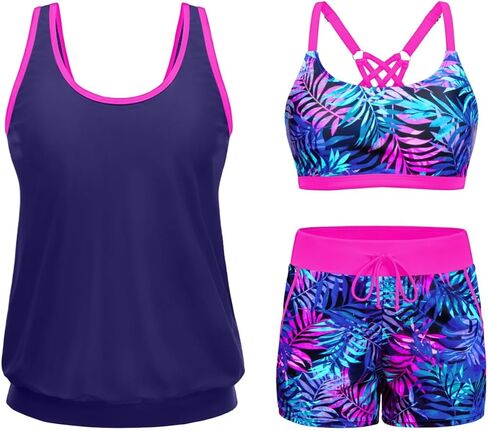 Aqua Eve 3 قطعة Tankini Swimsuits للنساء - بدلات الاستحمام مع شورتات الصبي ساحة المزيج الصدرية الرياضية وملابس السباحة المتواضعة in Kuwait