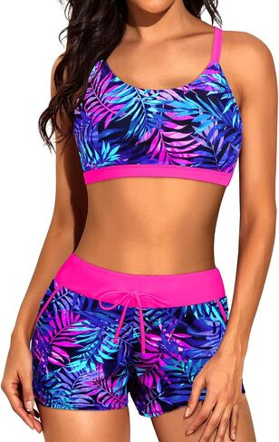 Aqua Eve 3 قطعة Tankini Swimsuits للنساء - بدلات الاستحمام مع شورتات الصبي ساحة المزيج الصدرية الرياضية وملابس السباحة المتواضعة in Kuwait