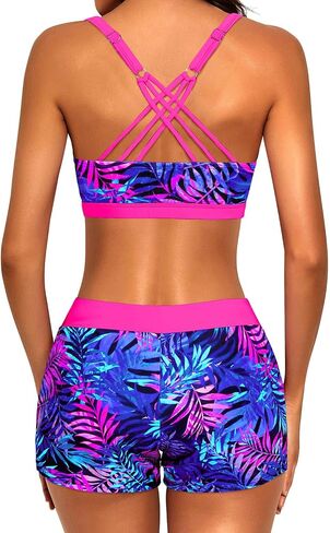 Aqua Eve 3 قطعة Tankini Swimsuits للنساء - بدلات الاستحمام مع شورتات الصبي ساحة المزيج الصدرية الرياضية وملابس السباحة المتواضعة in Kuwait