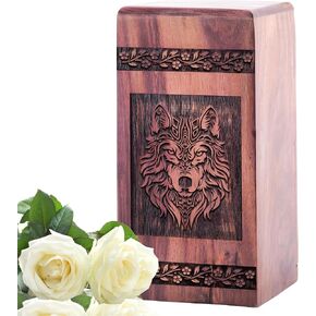 Wolf Wooden Box - Wooden Box Urns for Human Ashes Adult - Sophisticated Adult - Male Ashes Wooden - Urn with Engraved Wolf - Design for Memorials - Large Urn for Ashes - 10 Inches, Natural in Kuwait