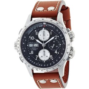 هاميلتون مشاهدة Khaki Aviation X-Wind Auto Chrono | صنع سويسري | 44mm حالة الفولاذ المقاوم للصدأ | WATCH DIAL الأسود التناظرية | حزام الجلد البني (الطراز: H77616533) in Kuwait