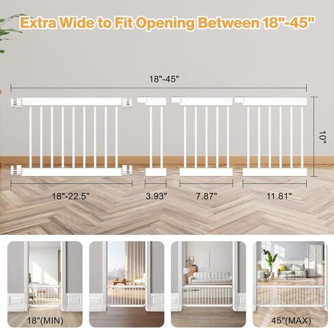 Fldofaves Dog Gate - 18"-45" Adjustable Extra Wide Metal Baby Gate to Step Over, 10" Tall Small Pet Gate with 3 Extension Kits, Pressure Mounted for Doorways & Stairs in Kuwait