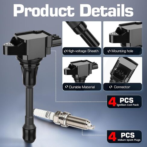 Ignition Coil Pack and Iridium Spark Plug Compatible with Nissan Altima Rogue Sentra Cube Versa NV200 1.6L 1.8L 2.0L 2.5L 2007-2019 Replaces UF549 C1696 5C1753 E1049 Set Of 4 in Saudi Arabia