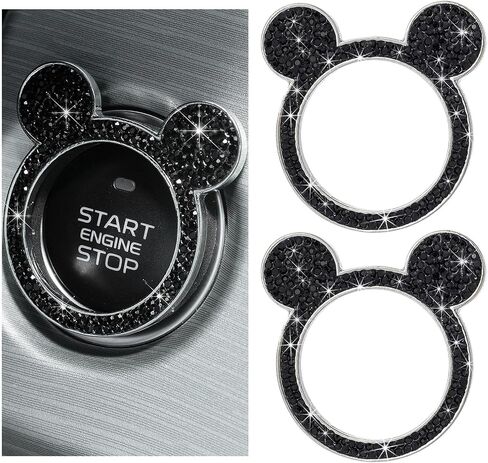 2 PCS Bling Car Engine Button Cover ، Rhinestone Ring Ring Button Cover Sticker ، Little Key Key Ignition and Knob Ring Decoration ، Exclsing Car Inflicling Care for Women (Black) in Kuwait