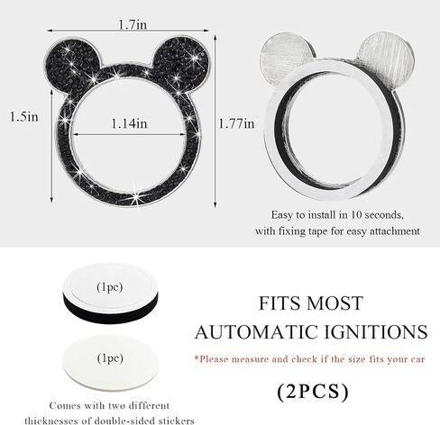 2 PCS Bling Car Engine Button Cover ، Rhinestone Ring Ring Button Cover Sticker ، Little Key Key Ignition and Knob Ring Decoration ، Exclsing Car Inflicling Care for Women (Black) in Kuwait