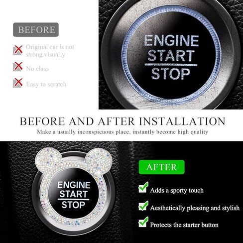 2 PCS Bling Car Engine Button Cover ، Rhinestone Ring Ring Button Cover Sticker ، Little Key Key Ignition and Knob Ring Decoration ، Exclsing Car Inflicling Care for Women (Black) in Saudi Arabia