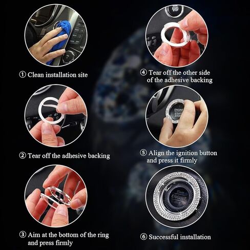 2 PCS Bling Car Engine Button Cover ، Rhinestone Ring Ring Button Cover Sticker ، Little Key Key Ignition and Knob Ring Decoration ، Exclsing Car Inflicling Care for Women (Black) in Saudi Arabia