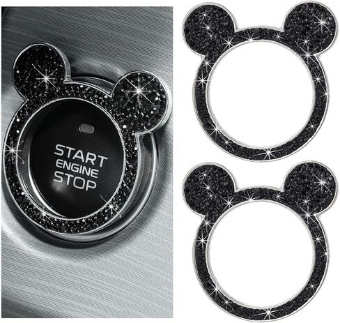 2 PCS Bling Car Engine Button Cover ، Rhinestone Ring Ring Button Cover Sticker ، Little Key Key Ignition and Knob Ring Decoration ، Exclsing Car Inflicling Care for Women (Black) in Kuwait