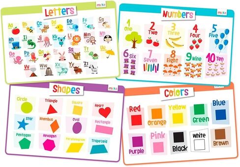 Merka 4 Pack Educational Placemat for Kids & Toddlers, Reusable, Washable Mat with Secure Grip Back for Dining Table, Learning Letters, Numbers, Shapes, Colors,17 x 11 inches in Saudi Arabia