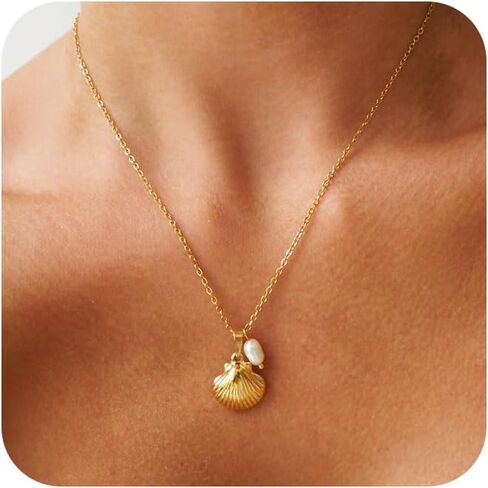 Ewrkbr Gold Necklace for Women,14K Gold Plated Shell Starfish Beach Necklaces Cute Boho Pendant Necklace Fashion Summer Waterproof Pearl Jewelry for Women in Kuwait