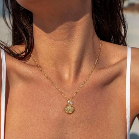 Ewrkbr Gold Necklace for Women,14K Gold Plated Shell Starfish Beach Necklaces Cute Boho Pendant Necklace Fashion Summer Waterproof Pearl Jewelry for Women in Kuwait