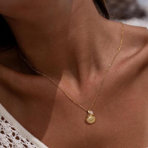 Ewrkbr Gold Necklace for Women,14K Gold Plated Shell Starfish Beach Necklaces Cute Boho Pendant Necklace Fashion Summer Waterproof Pearl Jewelry for Women in Kuwait