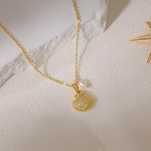 Ewrkbr Gold Necklace for Women,14K Gold Plated Shell Starfish Beach Necklaces Cute Boho Pendant Necklace Fashion Summer Waterproof Pearl Jewelry for Women in Kuwait