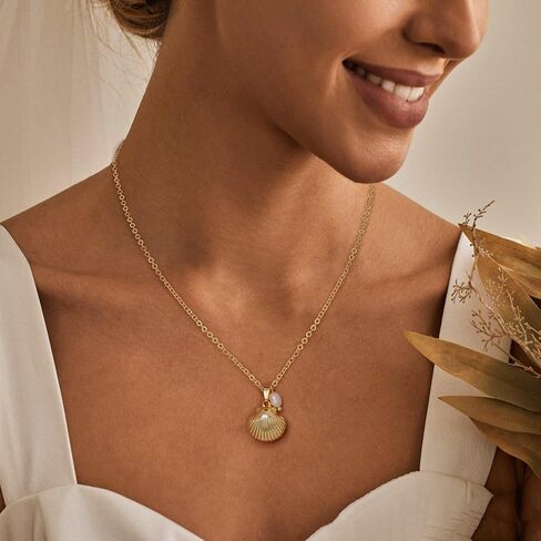 Ewrkbr Gold Necklace for Women,14K Gold Plated Shell Starfish Beach Necklaces Cute Boho Pendant Necklace Fashion Summer Waterproof Pearl Jewelry for Women in Kuwait