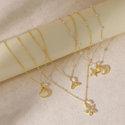 Ewrkbr Gold Necklace for Women,14K Gold Plated Shell Starfish Beach Necklaces Cute Boho Pendant Necklace Fashion Summer Waterproof Pearl Jewelry for Women in Kuwait