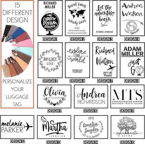 اسم شخصية الأمتعة علامات W حزام | 11 لون - 15 تصميم | هدايا المسافر الجلدية المحفورة للنساء والرجال والأطفال. علامات أمتعة مخصصة مخصصة لشهر العسل - هدايا عيد الميلاد للمسافرين in Kuwait