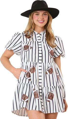 Hey Sweetie Women's Football Sequin Stripe Shirt Dress – Collared Button-Down Puff Sleeve Tiered Dress in Saudi Arabia