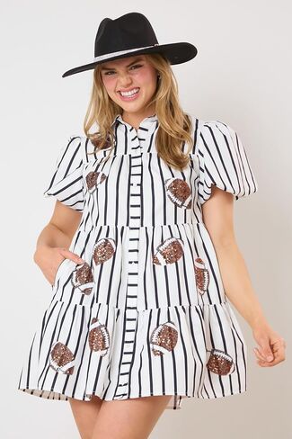 Hey Sweetie Women's Football Sequin Stripe Shirt Dress – Collared Button-Down Puff Sleeve Tiered Dress in Saudi Arabia