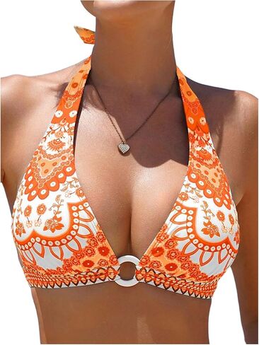 Milumia Women's Tropical Halter Bikini Top Tie Back O-Ring Linked Wireless Swimsuit Bathing Suits Top only in Saudi Arabia