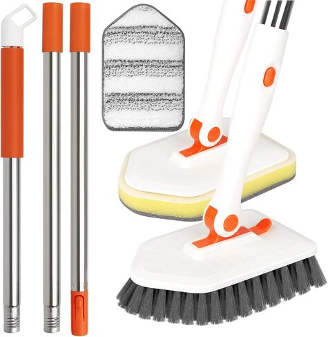 Shower Cleaning Brush with Long Handle, 3 in 1 Tub and Tile Scrubber Brush with 50.4'' Extendable Long Handle Detachable Stiff Bristles Scrub Brush for Cleaning Bathtub Shower Bathroom (Black) in Saudi Arabia