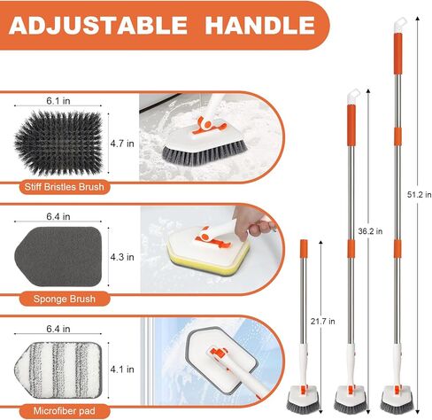 Shower Cleaning Brush with Long Handle, 3 in 1 Tub and Tile Scrubber Brush with 50.4'' Extendable Long Handle Detachable Stiff Bristles Scrub Brush for Cleaning Bathtub Shower Bathroom (Black) in Saudi Arabia