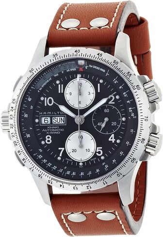 Hamilton Watch Khaki Aviation X-Wind Auto Chrono | Swiss Made | 44mm Stainless Steel Case | Black Dial Analog Watch | Brown Leather Strap (Model: H77616533) in Saudi Arabia