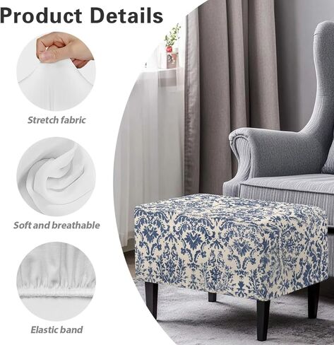 Ottoman Cover Rectangular Blue Floral Slipcovers for Ottomans Soft Fabric Footstool Cover Flower Themd Large Ottoman Slipcover Accessories Removable Furniture Protector Easy to Installed in Saudi Arabia