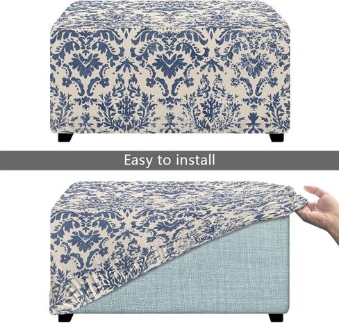 Ottoman Cover Rectangular Blue Floral Slipcovers for Ottomans Soft Fabric Footstool Cover Flower Themd Large Ottoman Slipcover Accessories Removable Furniture Protector Easy to Installed in Saudi Arabia