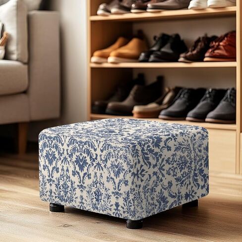 Ottoman Cover Rectangular Blue Floral Slipcovers for Ottomans Soft Fabric Footstool Cover Flower Themd Large Ottoman Slipcover Accessories Removable Furniture Protector Easy to Installed in Saudi Arabia