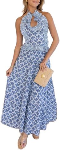 Women Y2k Ruffle Skirt Set Boho Floral Print Halter Tank Top Flowy Maxi Skirt Outfit Going Out Streetwear in Saudi Arabia
