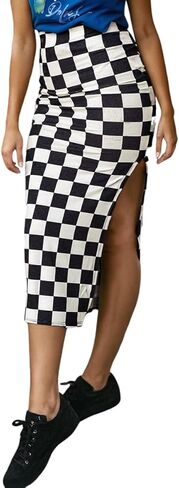 Earkoha checkered Slit Midi Skirt for Women Summer High Pheched Sexy Bodycon التنانير in Kuwait