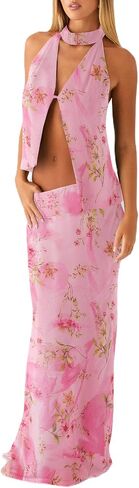 Women Y2k Ruffle Skirt Set Boho Floral Print Halter Tank Top Flowy Maxi Skirt Outfit Going Out Streetwear in Saudi Arabia