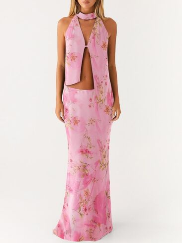 Women Y2k Ruffle Skirt Set Boho Floral Print Halter Tank Top Flowy Maxi Skirt Outfit Going Out Streetwear in Saudi Arabia