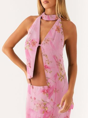 Women Y2k Ruffle Skirt Set Boho Floral Print Halter Tank Top Flowy Maxi Skirt Outfit Going Out Streetwear in Saudi Arabia