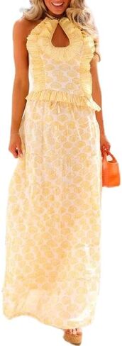 Women Y2k Ruffle Skirt Set Boho Floral Print Halter Tank Top Flowy Maxi Skirt Outfit Going Out Streetwear in Saudi Arabia