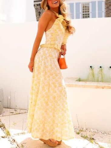 Women Y2k Ruffle Skirt Set Boho Floral Print Halter Tank Top Flowy Maxi Skirt Outfit Going Out Streetwear in Saudi Arabia