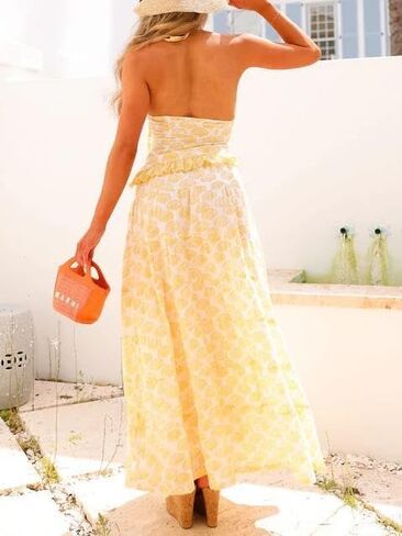 Women Y2k Ruffle Skirt Set Boho Floral Print Halter Tank Top Flowy Maxi Skirt Outfit Going Out Streetwear in Saudi Arabia