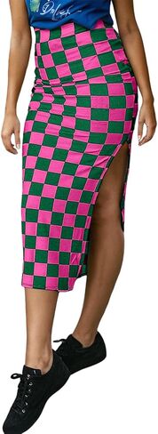 Earkoha checkered Slit Midi Skirt for Women Summer High Pheched Sexy Bodycon التنانير in Kuwait