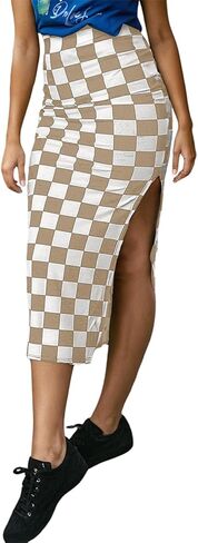 Earkoha checkered Slit Midi Skirt for Women Summer High Pheched Sexy Bodycon التنانير in Kuwait