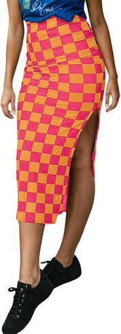 Earkoha checkered Slit Midi Skirt for Women Summer High Pheched Sexy Bodycon التنانير in Kuwait