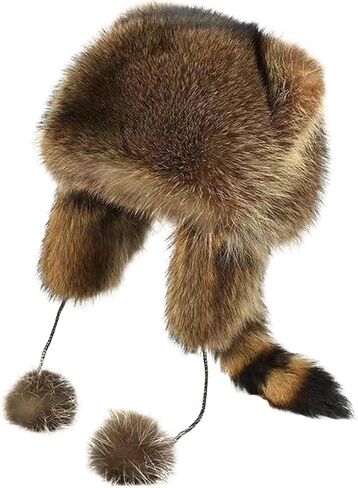 Raccoon Coonskin Hat for Kids - Soft, Warm, Furry with Tail & Adjustable Size for Cold Weather in Saudi Arabia