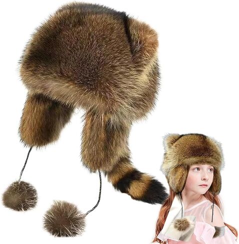 Raccoon Coonskin Hat for Kids - Soft, Warm, Furry with Tail & Adjustable Size for Cold Weather in Saudi Arabia