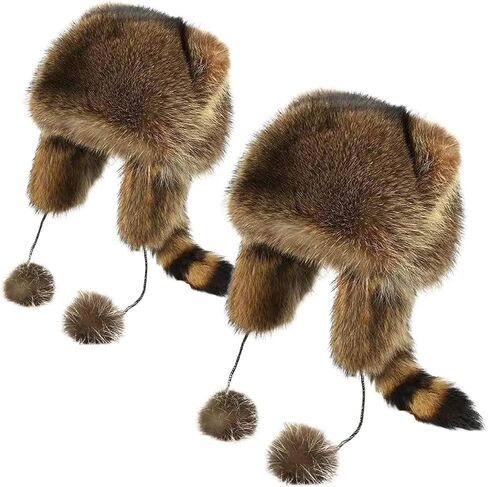 قبعة الراكون Coonskin للأطفال - لينة ، دافئة ، فروي مع ذيل وحجم قابل للتعديل للطقس البارد in Saudi Arabia