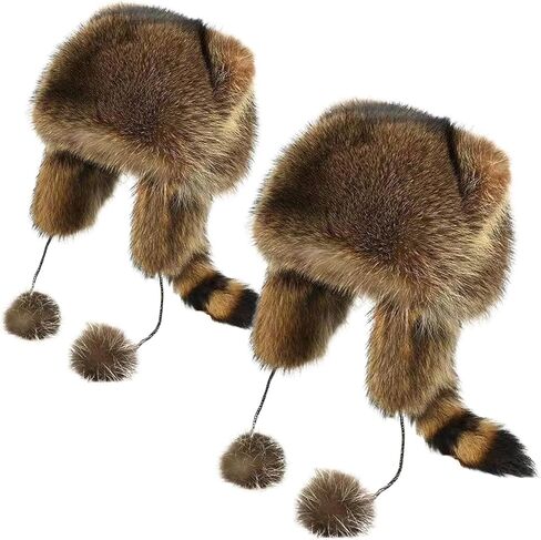 Raccoon Coonskin Hat for Kids - Soft, Warm, Furry with Tail & Adjustable Size for Cold Weather in Saudi Arabia