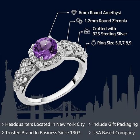 GEM Stone King 6mm Round Round Gemstone Birthstone Convessary Ring Ring For Women | 925 الفضة الاسترليني | خاتم وعد الزفاف للنساء | متوفر في الحجم 5 ، 6 ، 7 ، 8 ، 9 in Saudi Arabia