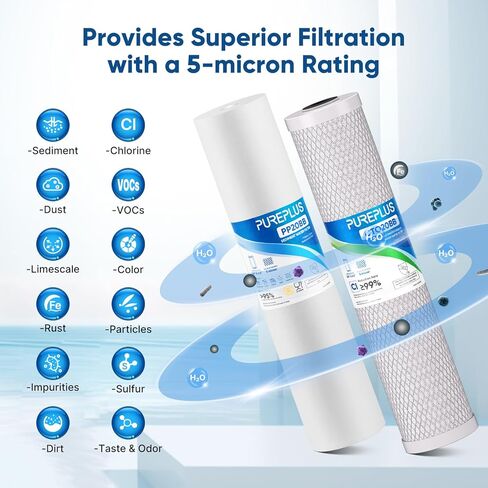 PUREPLUS 5 ميكرون 20 بوصة × 4.5 بوصة خرطوشة بديلة لفلتر المياه المنزلية للرواسب المنزلية بالكامل، متوافقة مع FPMB5-20، AP810-2، 155358-43، SDC-45-2005، 2PP20BB1M، P5-20، FP25B، عبوتان in Kuwait